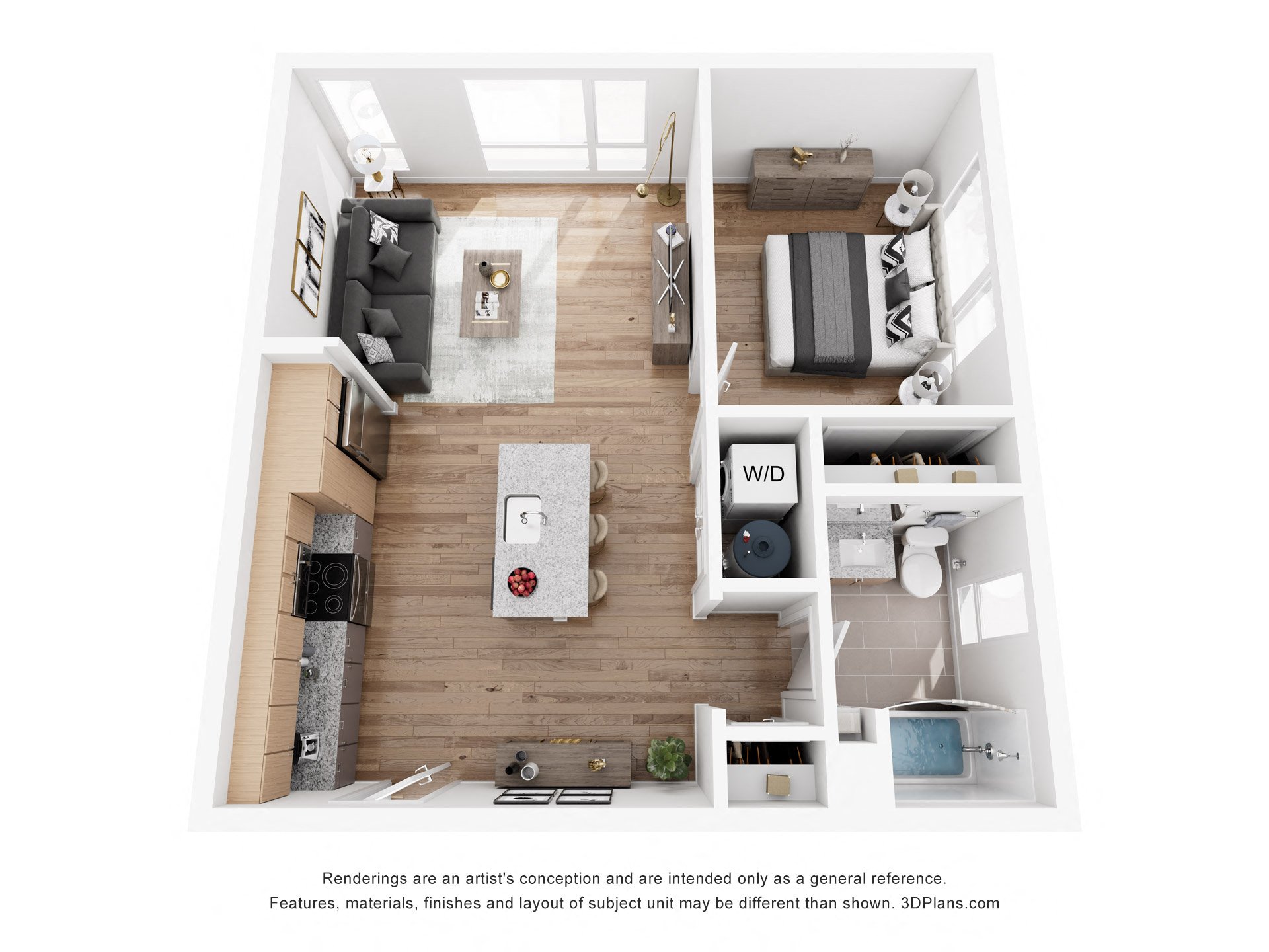 Floor plan for 1 bed, 1 bath, 698 sqft